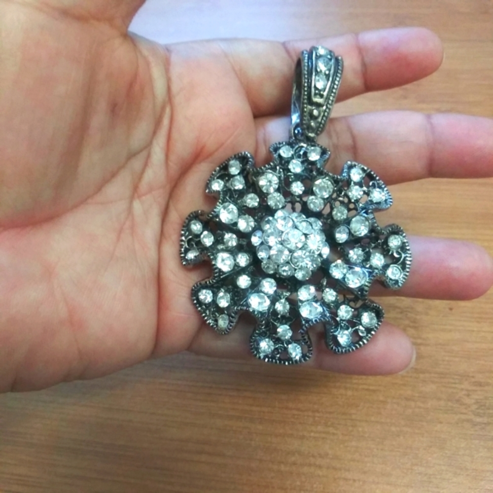 Necklace Pendant Massive Oversize Clear Stone Chunky Bold 3 1/2" x 2